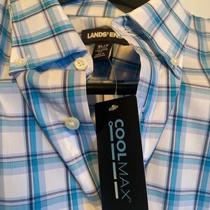 Lands' End Men’s Light Blue and White Plaid Button-Down Shirt